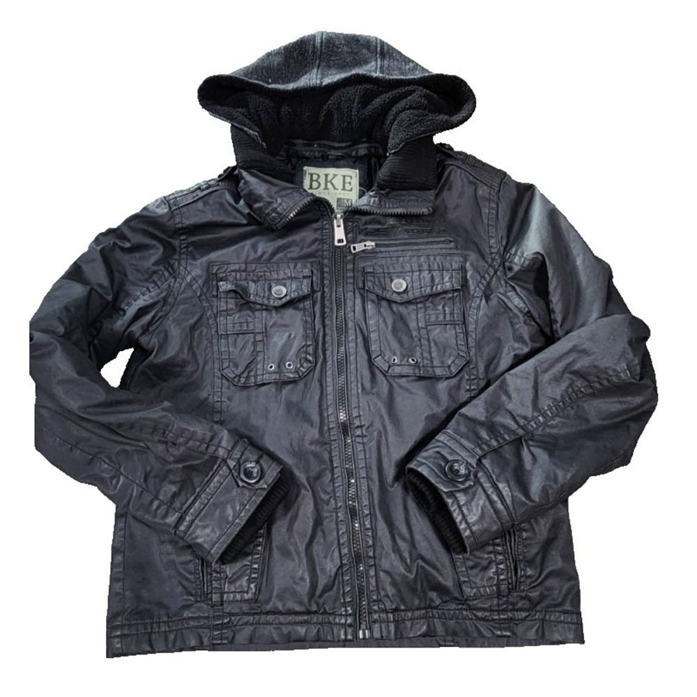 BKE Mens Slim Fit Hooded Utility Jacket Black Sherpa Lined Coated Size Medium